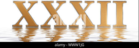 Roman numeral XXXII, duo et triginta, 32, thirty two, reflected on the water surface, isolated on  white, 3d render Stock Photo