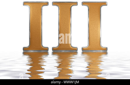 Roman numeral III, tres, 3, three, reflected on the water surface, isolated on  white, 3d render Stock Photo