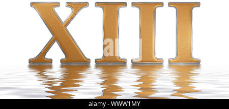 Roman numeral XIII, tredecim, 13, thirteen, reflected on the water surface, isolated on  white, 3d render Stock Photo