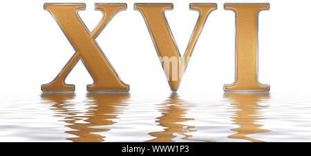 Roman numeral XVI, sedecim, 16, sixteen, reflected on the water surface, isolated on  white, 3d render Stock Photo