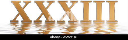 Roman numeral XXXIII, tres et triginta, 33, thirty three, reflected on the water surface, isolated on  white, 3d render Stock Photo