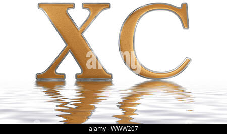 Roman numeral XC, nonaginta, 90, ninety, reflected on the water surface, isolated on  white, 3d render Stock Photo