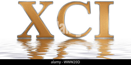 Roman numeral XCI, unus et nonaginta, 91, ninety one, reflected on the water surface, isolated on  white, 3d render Stock Photo