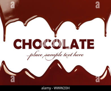Dark sweet tasty chocolate frame, liquid dripping, brown background with text space Stock Photo