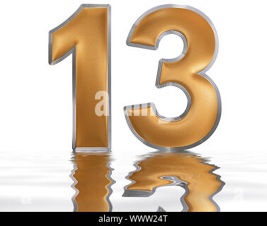 Numeral 13, thirteen, reflected on the water surface, isolated on  white, 3d render Stock Photo