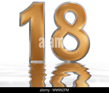 Numeral 18, eighteen, reflected on the water surface, isolated on  white, 3d render Stock Photo