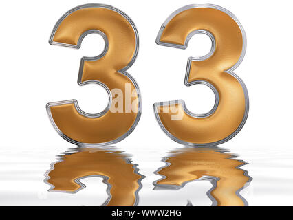 Numeral 33, thirty three, reflected on the water surface, isolated on  white, 3d render Stock Photo