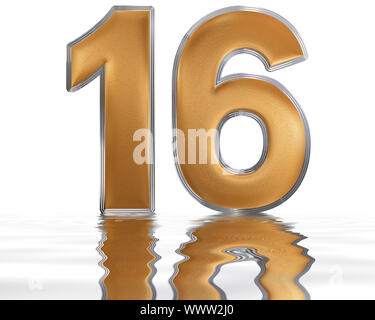 Numeral 16, sixteen, reflected on the water surface, isolated on  white, 3d render Stock Photo
