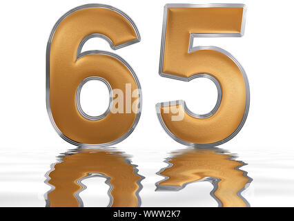 Numeral 65, sixty five, reflected on the water surface, isolated on  white, 3d render Stock Photo