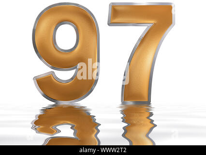 Numeral 97, ninety seven, ninety, reflected on the water surface, isolated on  white, 3d render Stock Photo