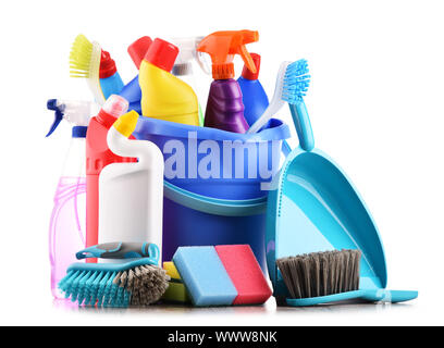 Variety of detergent bottles and chemical cleaning supplies isolated on white Stock Photo