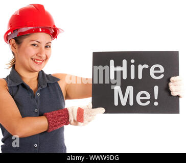 Hire Me Sign With Construction Worker Showing Work And Careers Stock Photo