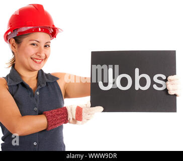 Jobs Sign With Construction Worker Showing Work And Careers Stock Photo