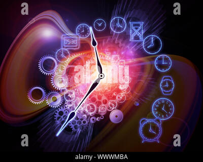 Composition of gears, clock elements and abstract design elements with metaphorical relationship to scheduling, temporal and time related processes, d Stock Photo