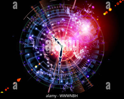 Interplay of clock hands, gears, lights and abstract design elements on the subject of time sensitive issues, deadlines, scheduling, temporal processe Stock Photo