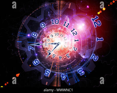 Interplay of clock hands, gears, lights and abstract design elements on the subject of time sensitive issues, deadlines, scheduling, temporal processe Stock Photo