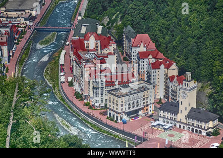 Comfortable resort in the mountains. The view from the top. Stock Photo