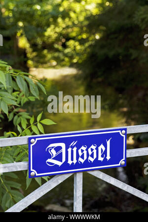 sign Duessel at the Duessel river in Gruiten, Haan, North Rhine-Westphalia, Germany, Europe Stock Photo