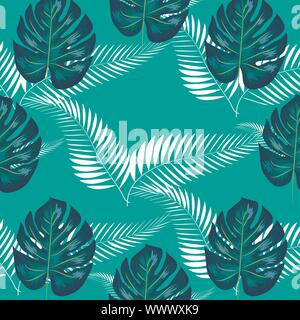 Nature seamless pattern. Hand drawn abstract tropical summer background: palm, monstera leaves in silhouette, line art, grunge, scribble textures. Stock Vector