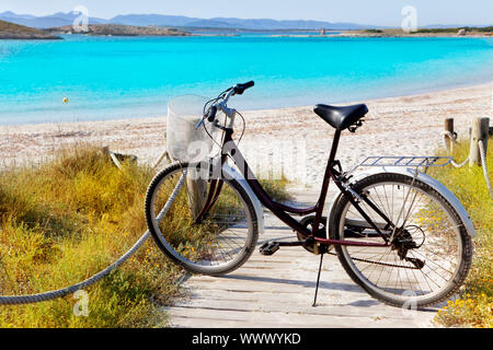 Bicycle in formentera beach on Balearic islands at Illetes Illetas Stock Photo