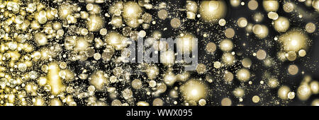 Golden snowflakes swirling on a black background. Falling snow at night. New Year, Christmas. Stock Photo