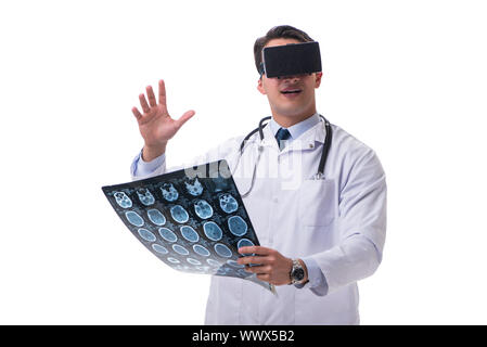 Doctor wearing a vr virtual reality headset isolated on white ba Stock Photo