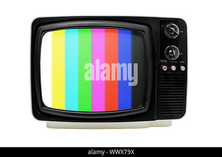Old 12' portable television with color bars test image. Stock Photo