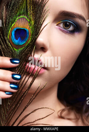 Portrait of a Woman with Peacock Feathers for Hair · Creative Fabrica