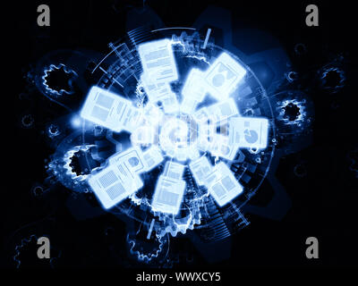 Arrangement of document icons, lights and abstract design elements on the subject of document processing, office paperwork, virtual workspace and clou Stock Photo