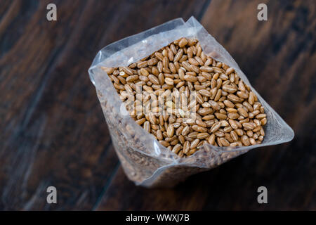 Karakilcik Organic Wheat Grain Seeds in Plastic Package / Container. Traditional Food. Stock Photo
