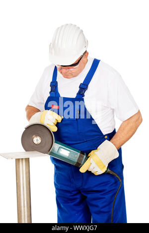 A worker grinding a chunk of iron, isolated on white background Stock Photo