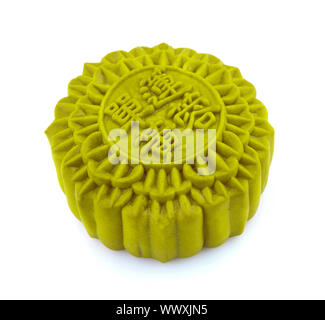 Chinese matcha Mooncake isolated over white background. Chinese words on the mooncake means 'single yolk lotus'. Stock Photo