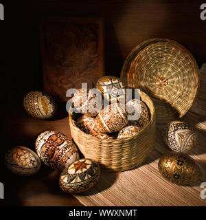 handmade brown romanian decorated easter egg still-life Stock Photo