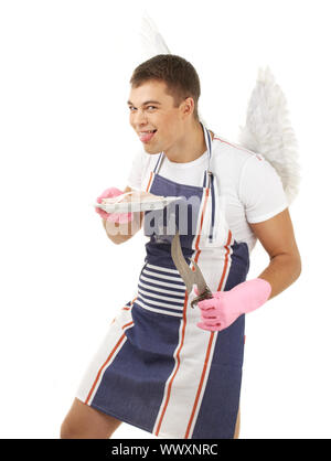 crazy cook with fish on plate and angel wings Stock Photo