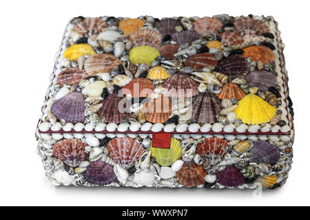 The box is decorated with sea shells on a white background. Stock Photo