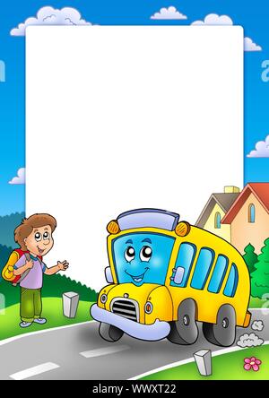 Frame with school bus and boy - color illustration. Stock Photo