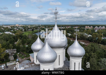 Domes of St. Sophia Cathedral in the Vologda Kremlin and city panorama  from bell tower of cathedral. Vologda, Russia Stock Photo