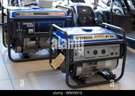 Russia, Izhevsk - August 23, 2019: Yamaha showroom. Modern diesel generators Yamaha. Famous world brand. Stock Photo