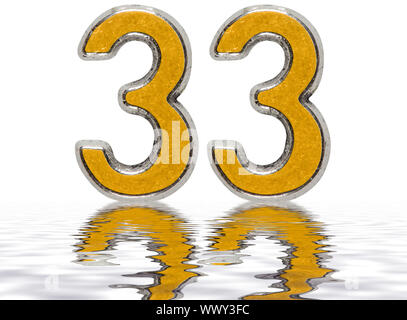 Numeral 33, thirty three, reflected on the water surface, isolated on white, 3d render Stock Photo