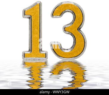 Numeral 13, thirteen, reflected on the water surface, isolated on white, 3d render Stock Photo