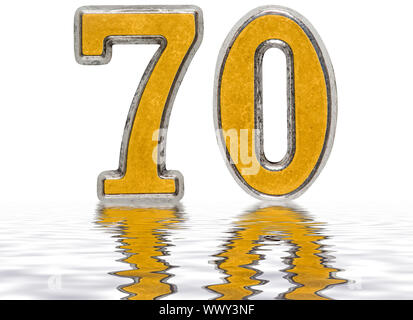 Numeral 70, seventy, reflected on the water surface, isolated on white, 3d render Stock Photo