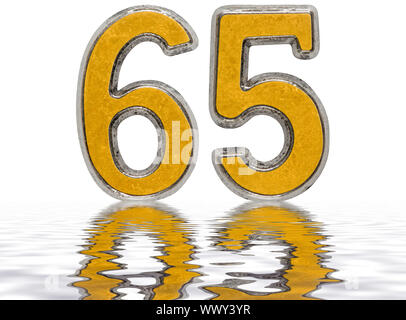 Numeral 65, sixty five, reflected on the water surface, isolated on white, 3d render Stock Photo