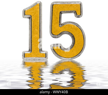 Numeral 15, fifteen, reflected on the water surface, isolated on white, 3d render Stock Photo