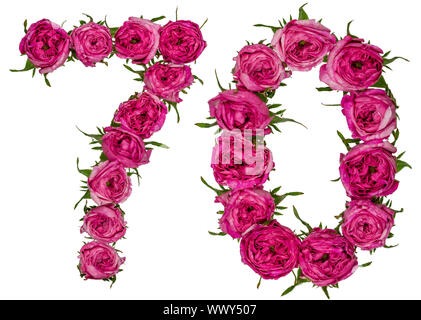 Arabic numeral 70, seventy, seven, from red flowers of rose, isolated on white background Stock Photo