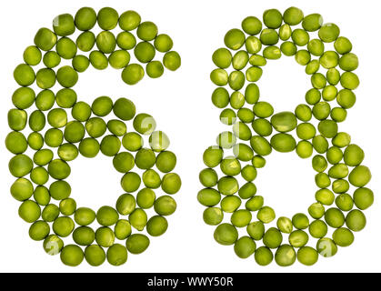 Arabic numeral 68, sixty eight, from green peas, isolated on white background Stock Photo