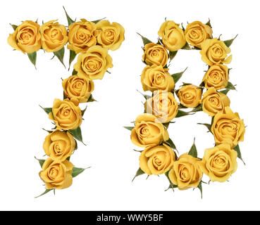 Arabic numeral 78, seventy eight, from yellow flowers of rose, isolated on white background Stock Photo