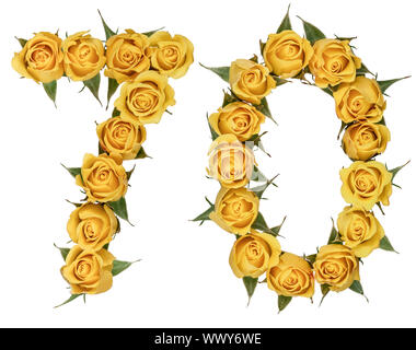 Arabic numeral 70, seventy, from yellow flowers of rose, isolated on white background Stock Photo