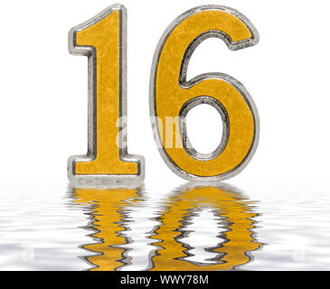 Numeral 16, sixteen, reflected on the water surface, isolated on white, 3d render Stock Photo
