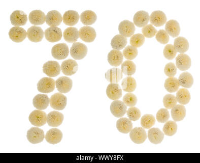 Arabic numeral 70, seventy, from cream flowers of chrysanthemum, isolated on white background Stock Photo