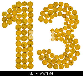 Arabic numeral 13, thirteen, from black a natural charcoal, isolated on ...